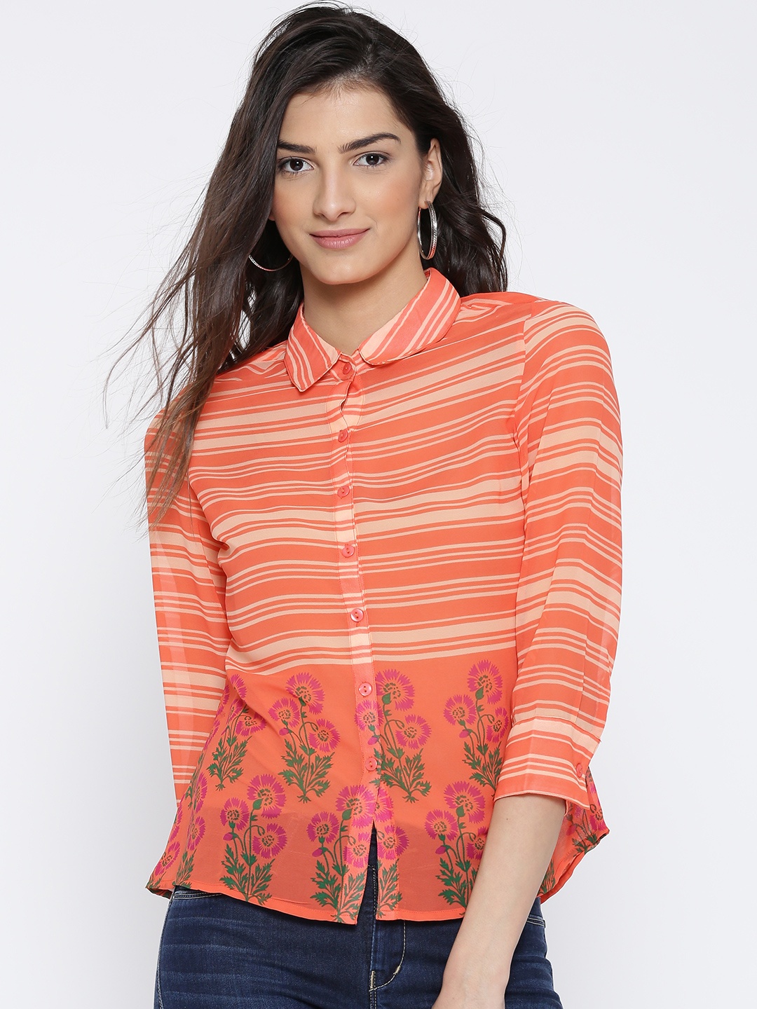 

Fusion Beats Women Orange Semi-Sheer Striped Casual Shirt