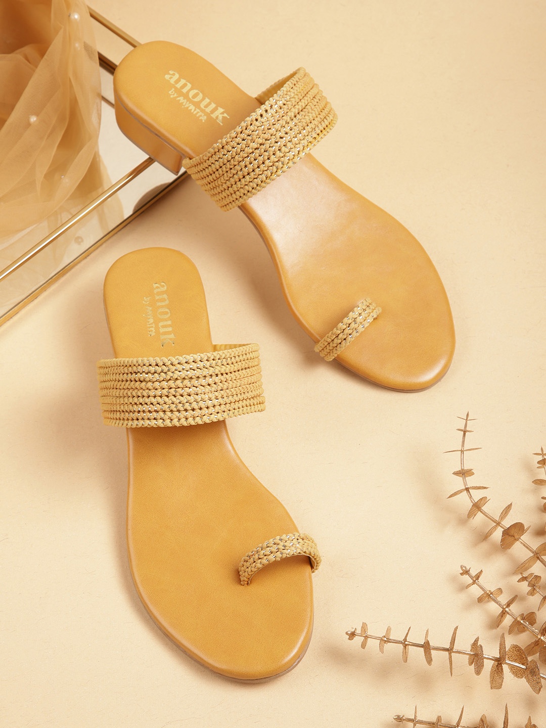 

Anouk Women Striped Ethnic One Toe Flats, Mustard