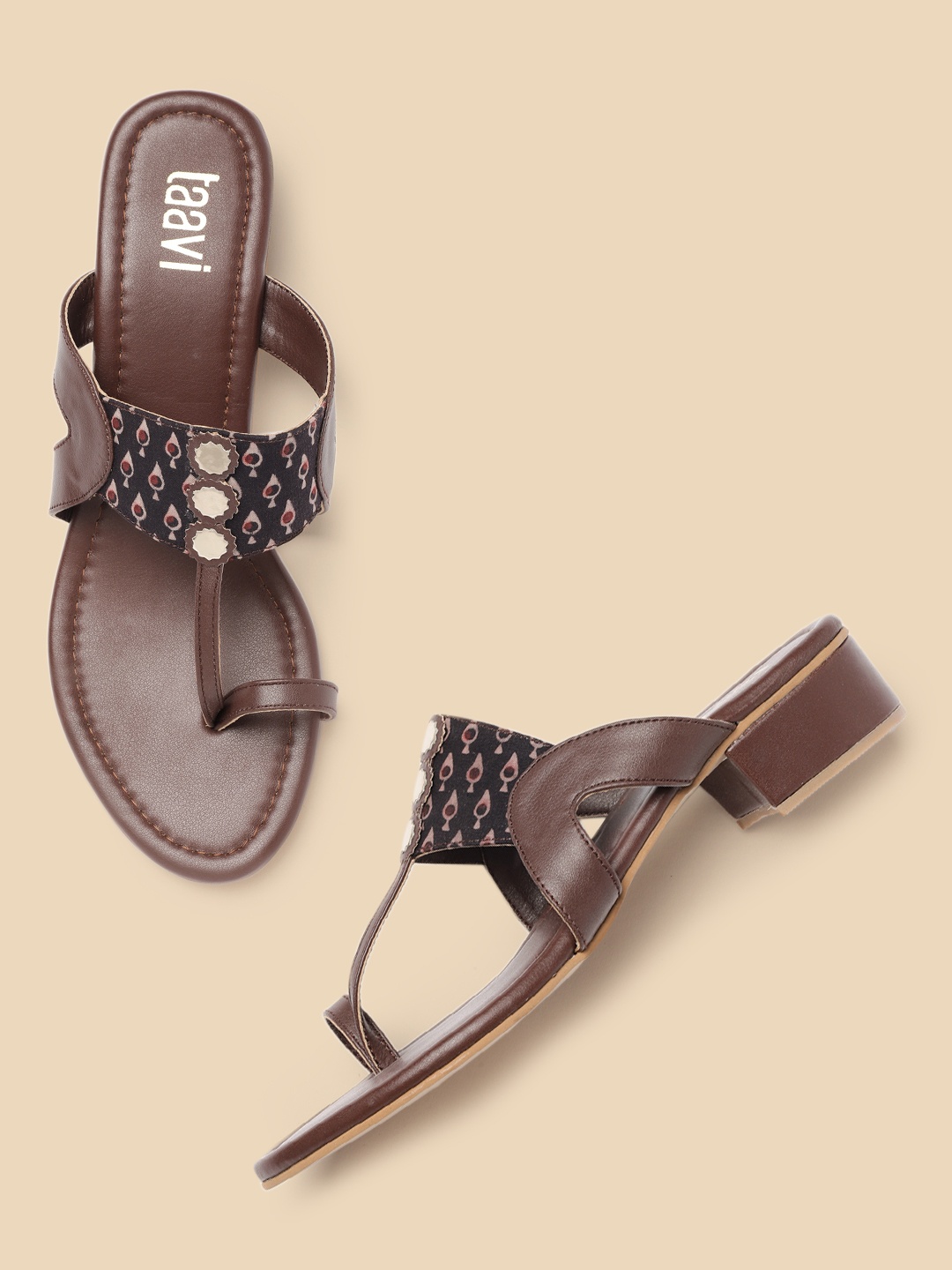 

Taavi Women Printed Ethnic Block T-Strap Style Sandals With Embellished Detail, Brown