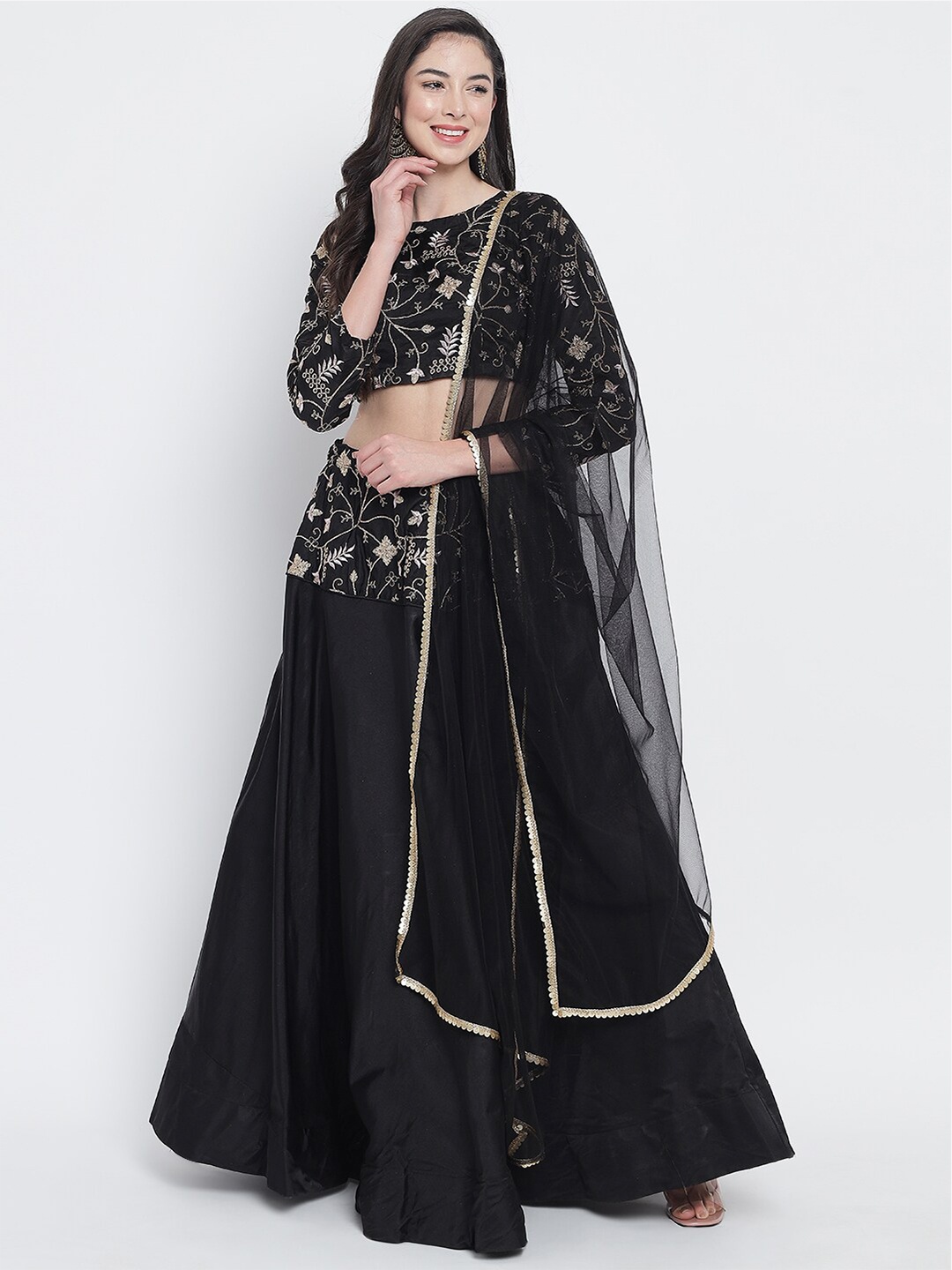 

Mitera Black & Gold-Toned Embroidered Ready to Wear Lehenga Unstitched Choli With Dupatta