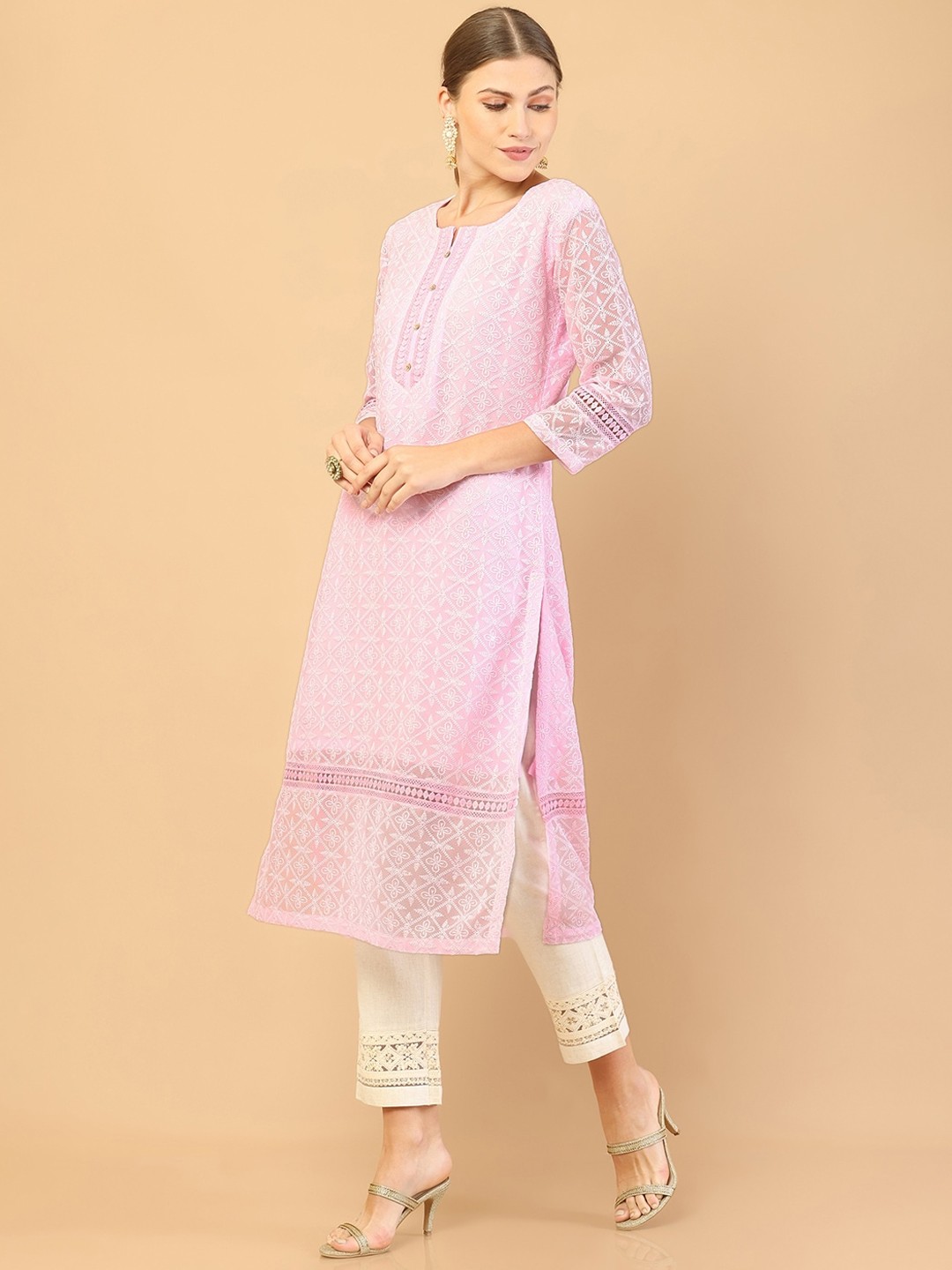 

Soch Women Pink Chikankari Flared Sleeves Gotta Patti Georgette Kurta