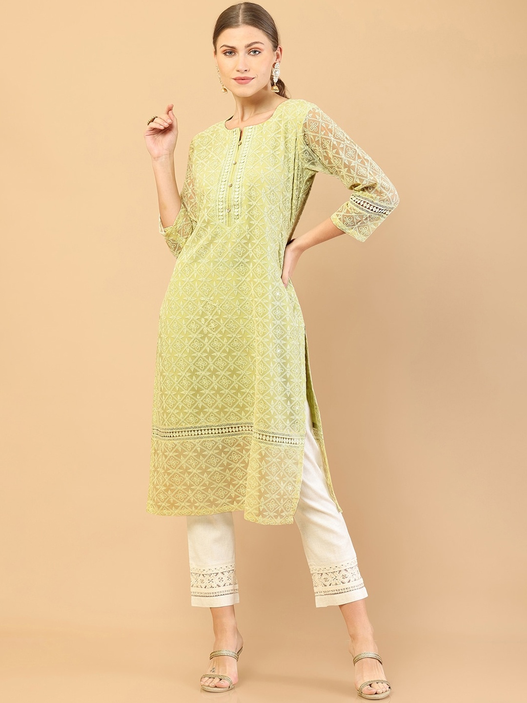 

Soch Women Yellow Ethnic Motifs Printed Thread Work Georgette Pathani Kurta