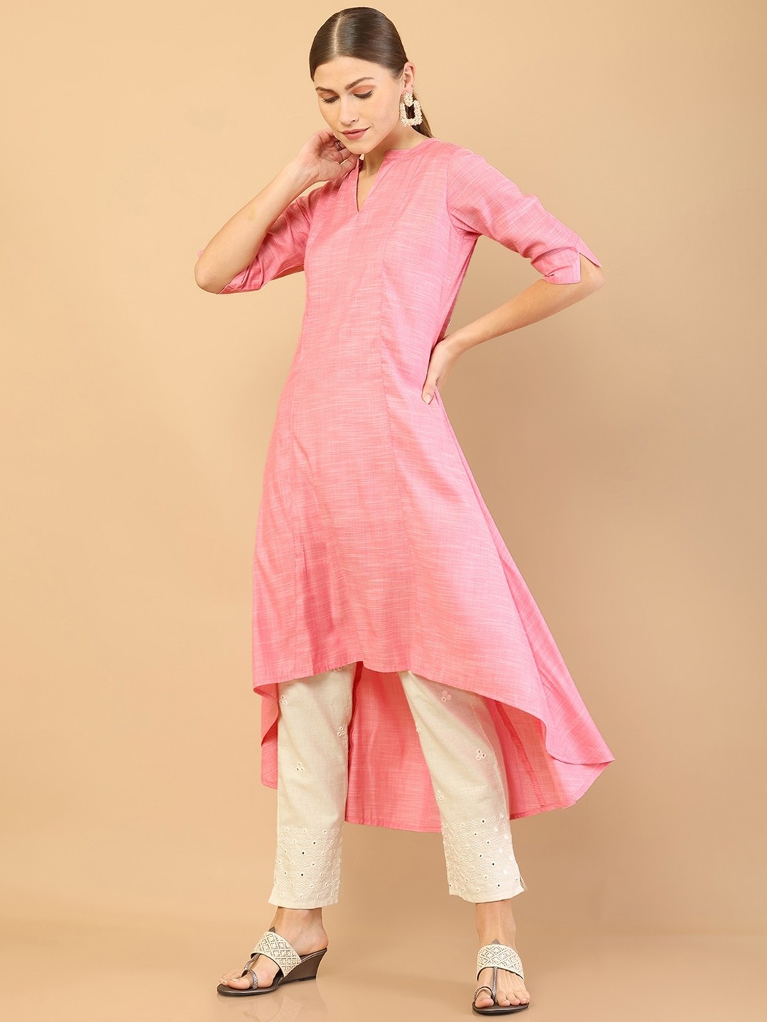 

Soch Women Pink Solid Mandarin Collar High-Low A-line Kurta