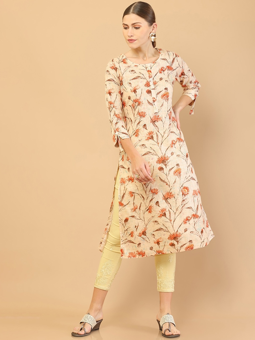 

Soch Women Peach-Coloured Floral Yoke Design Linen Kurta