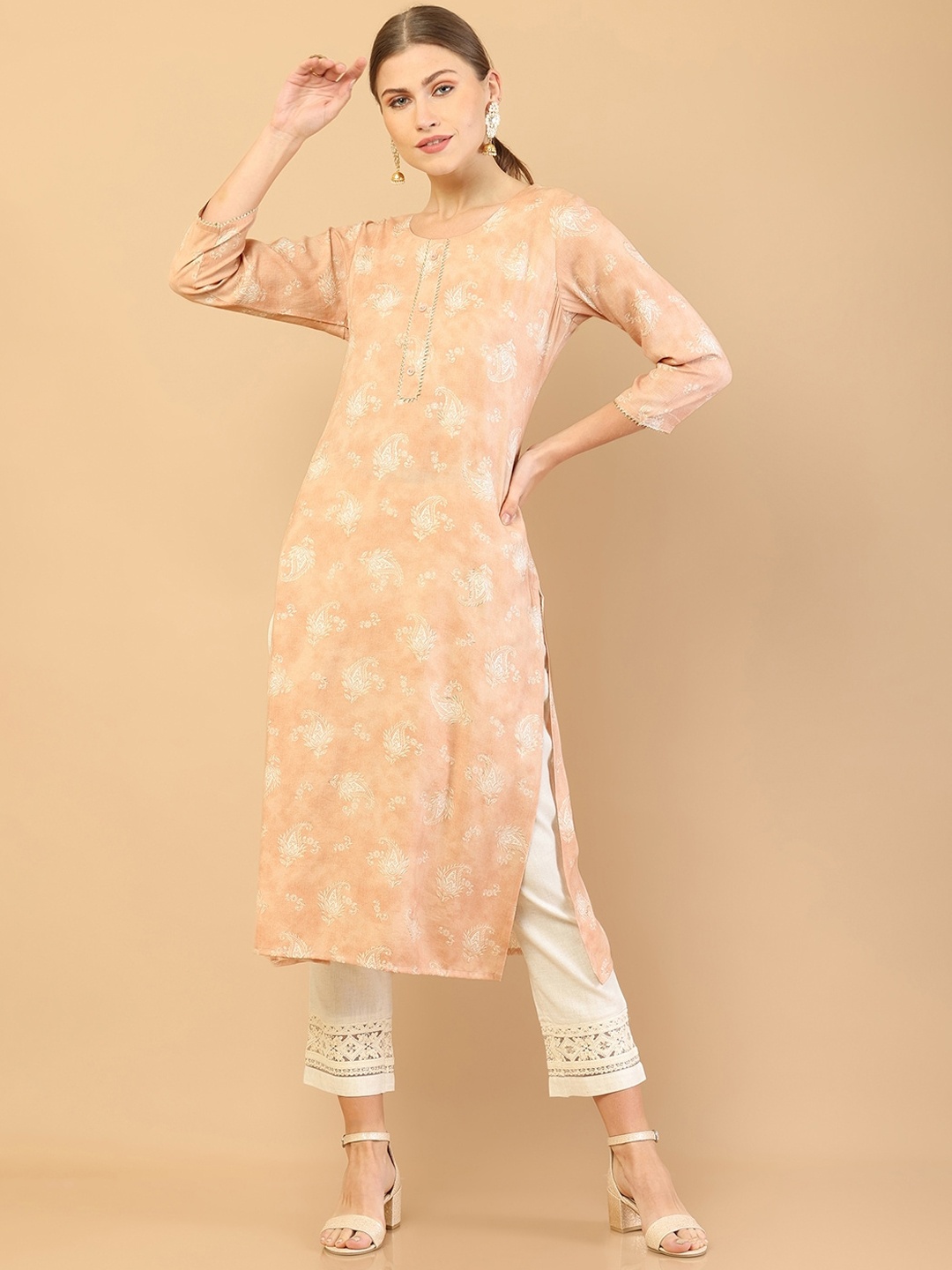 

Soch Women Peach-Coloured & White Printed Gotta Patti Rayon Kurta