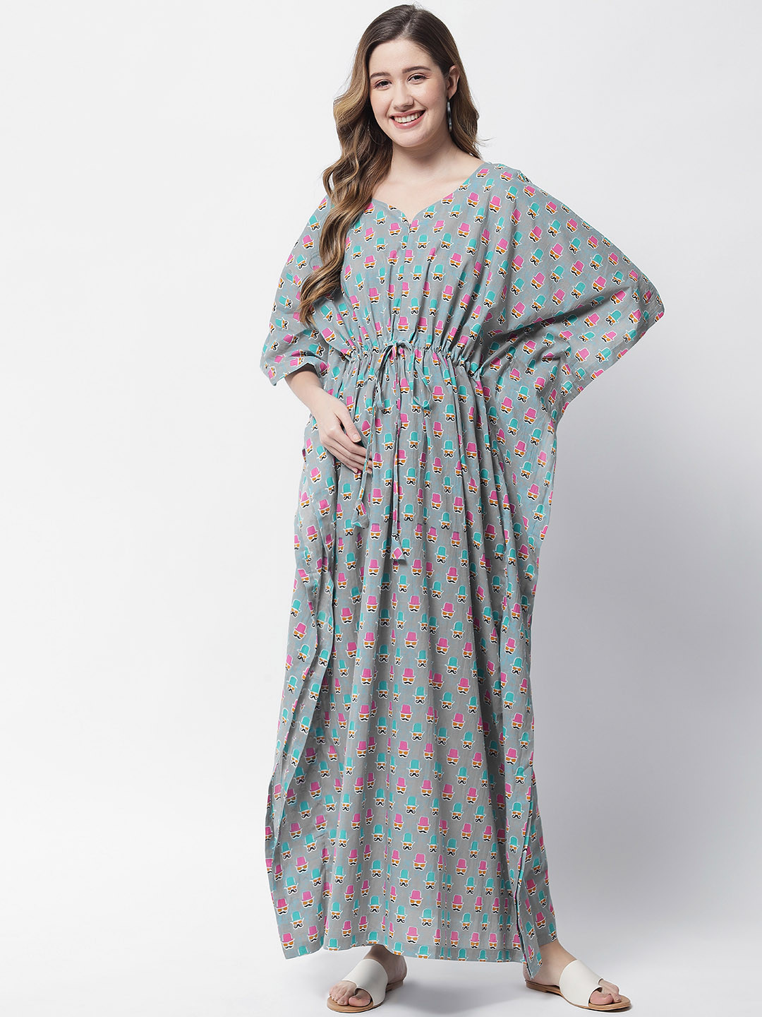 

Aujjessa Grey Floral Maternity Kaftan Pure Cotton Maxi Dress
