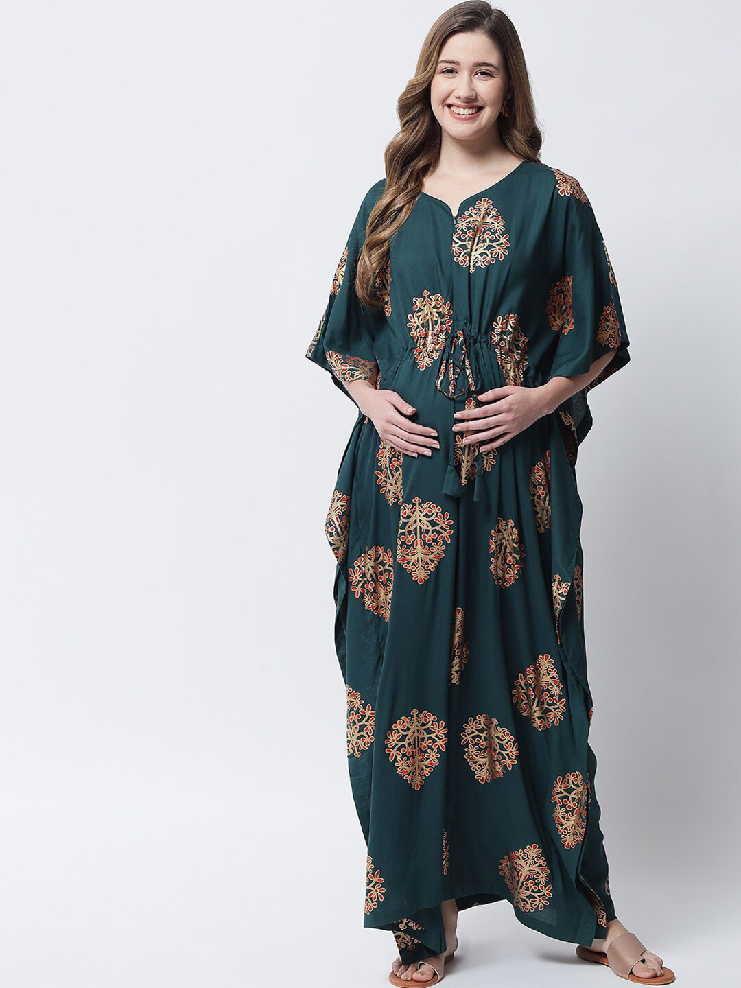 

Aujjessa Blue Ethnic Motifs Printed Maternity Kaftan Maxi Dress