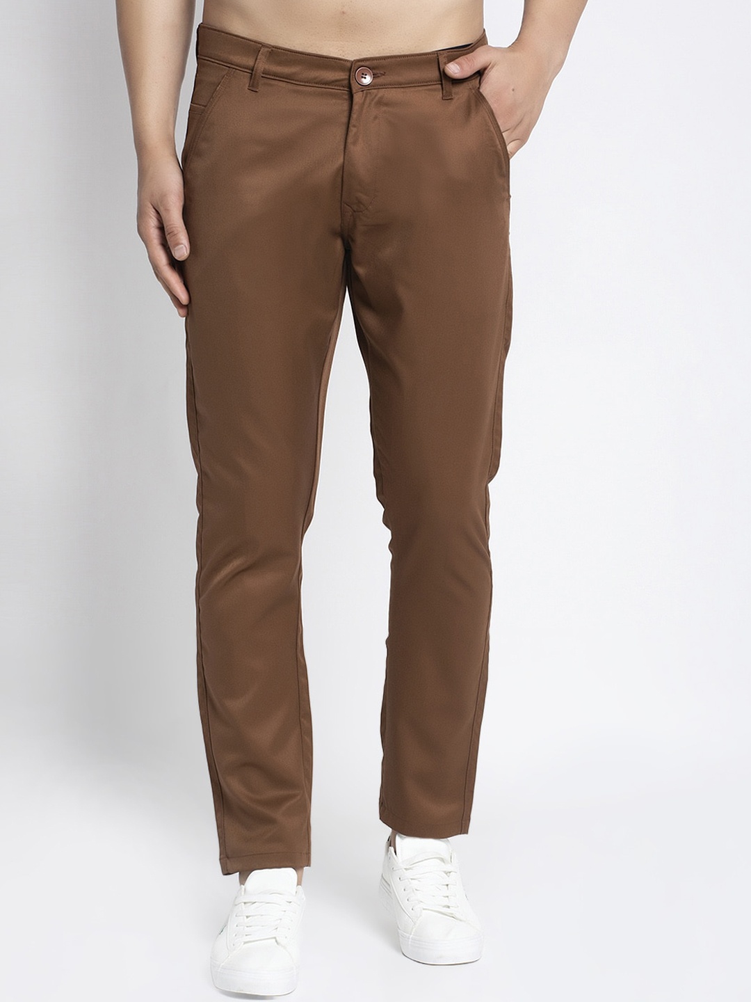 

JAINISH Men Brown Smart Slim Fit Pure Cotton Trousers