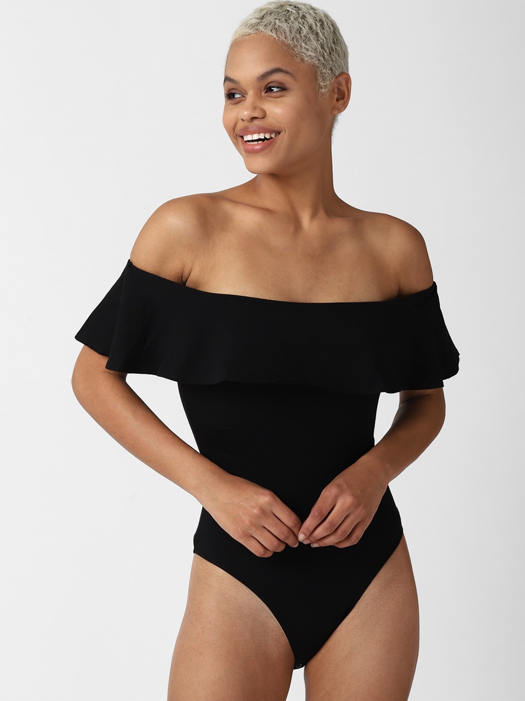 

FOREVER 21 Women Black Off Shoulder Solid Bodysuit