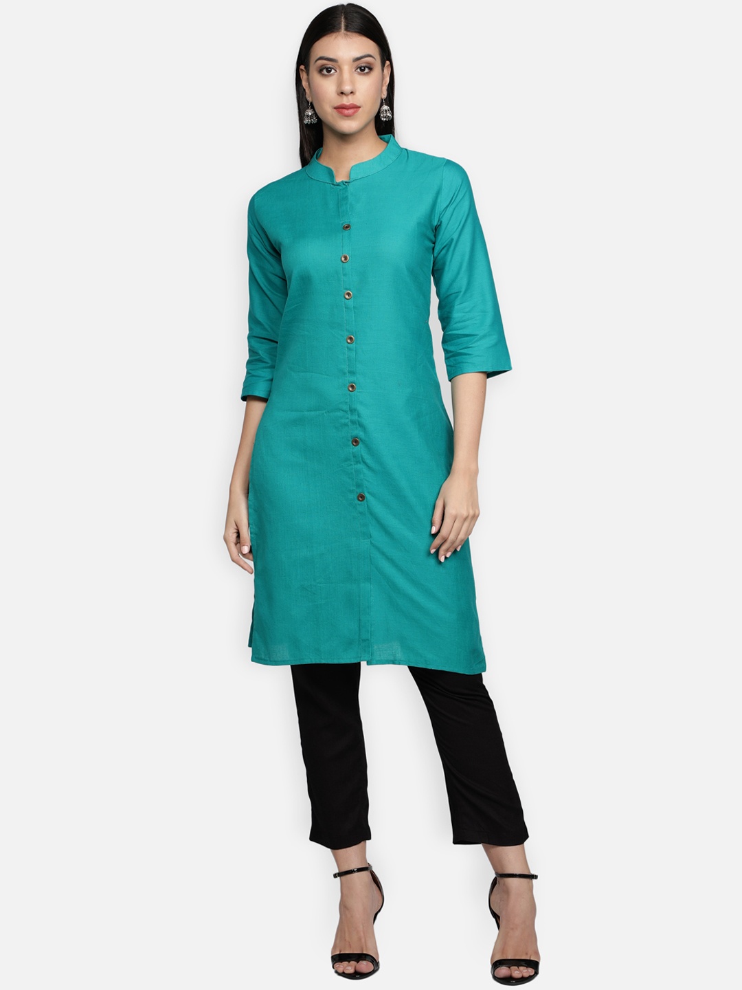 

Fabclub Women Turquoise Blue Solid Cotton Kurta