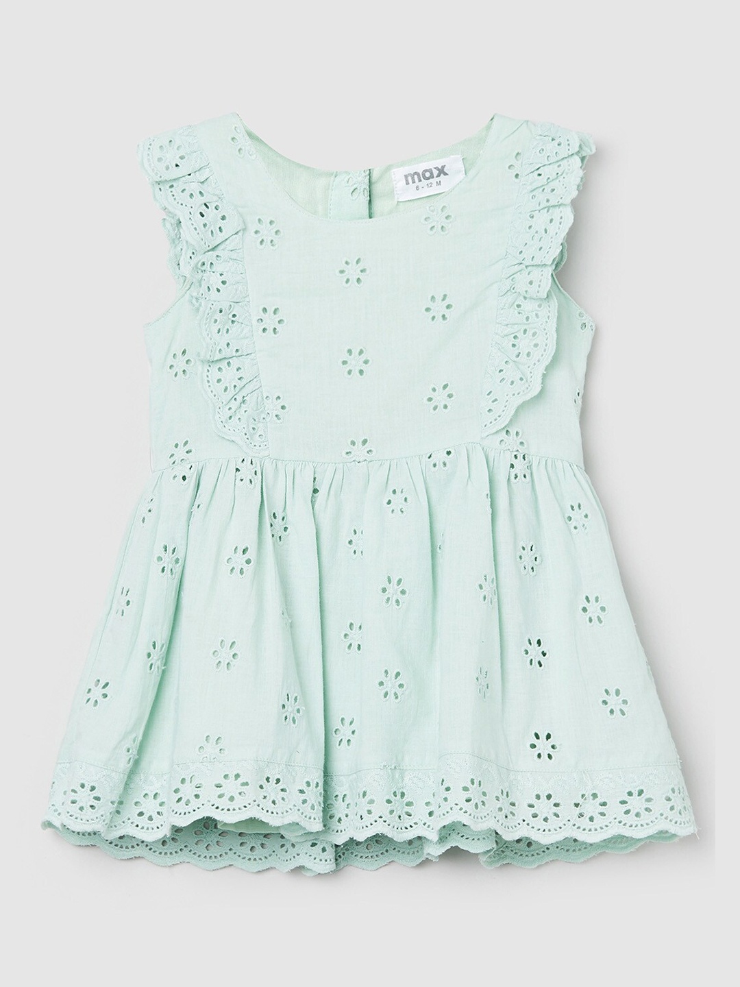 

max Green Self Design Ruffles Schiffli Cotton Dress