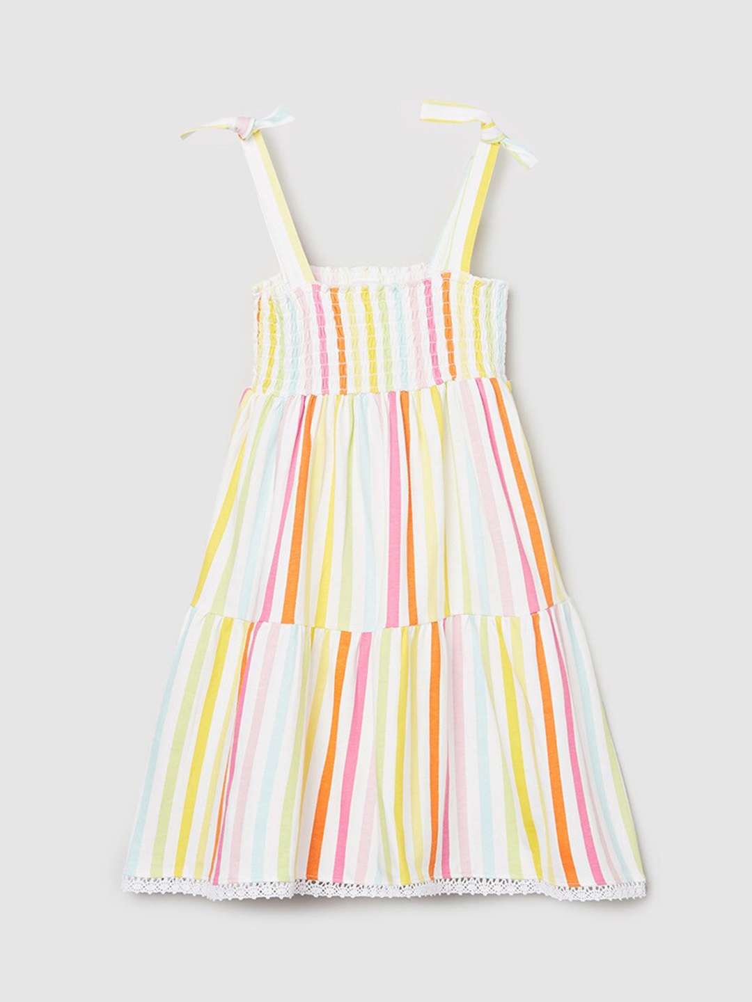 

max Girls Mulitcoloured Striped Smocked Tiered Pure Cotton Empire Dress, Multi