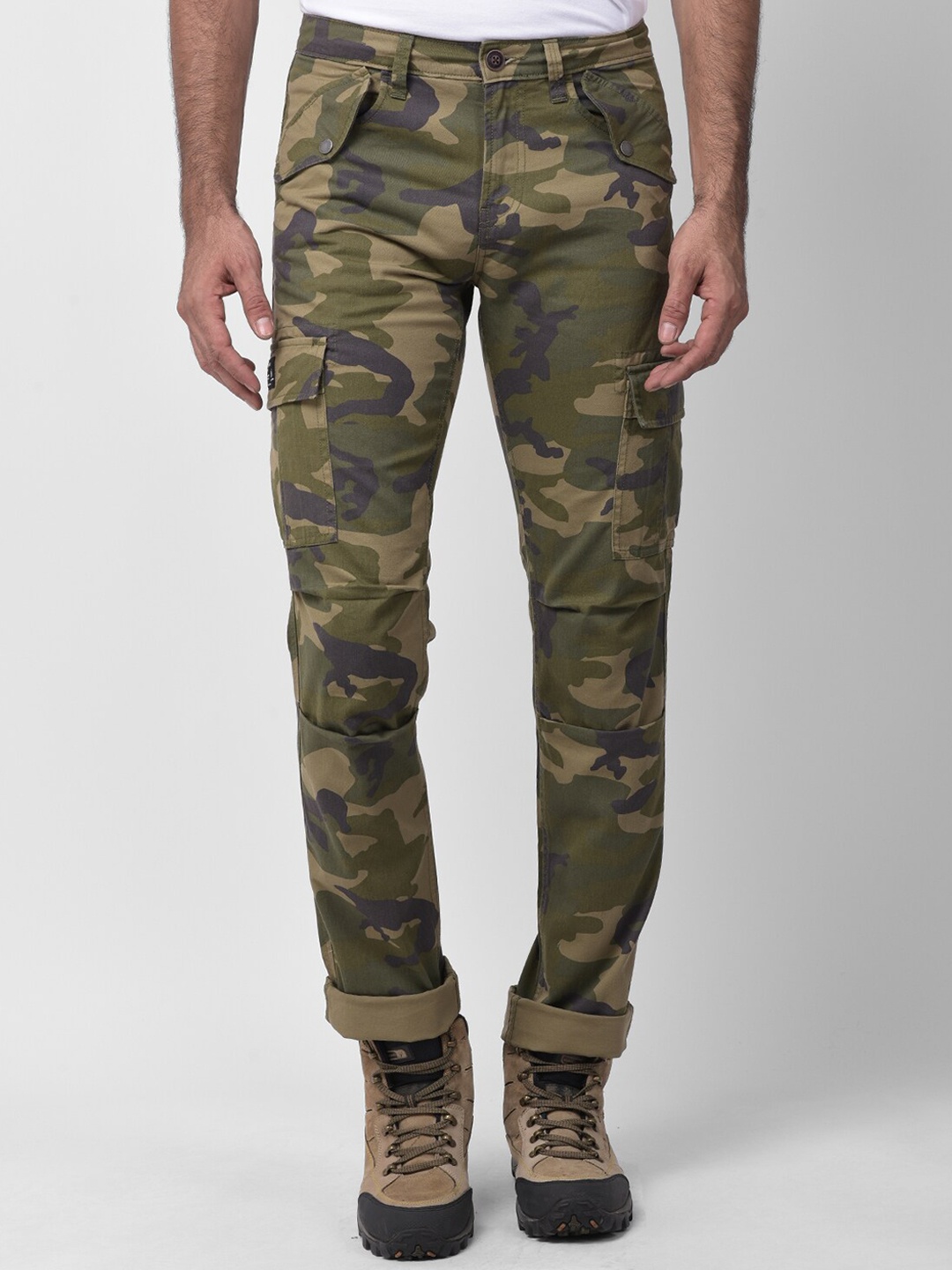 

Woodland Men Olive Green Camouflage Printed Pure Cotton Cargos Trousers