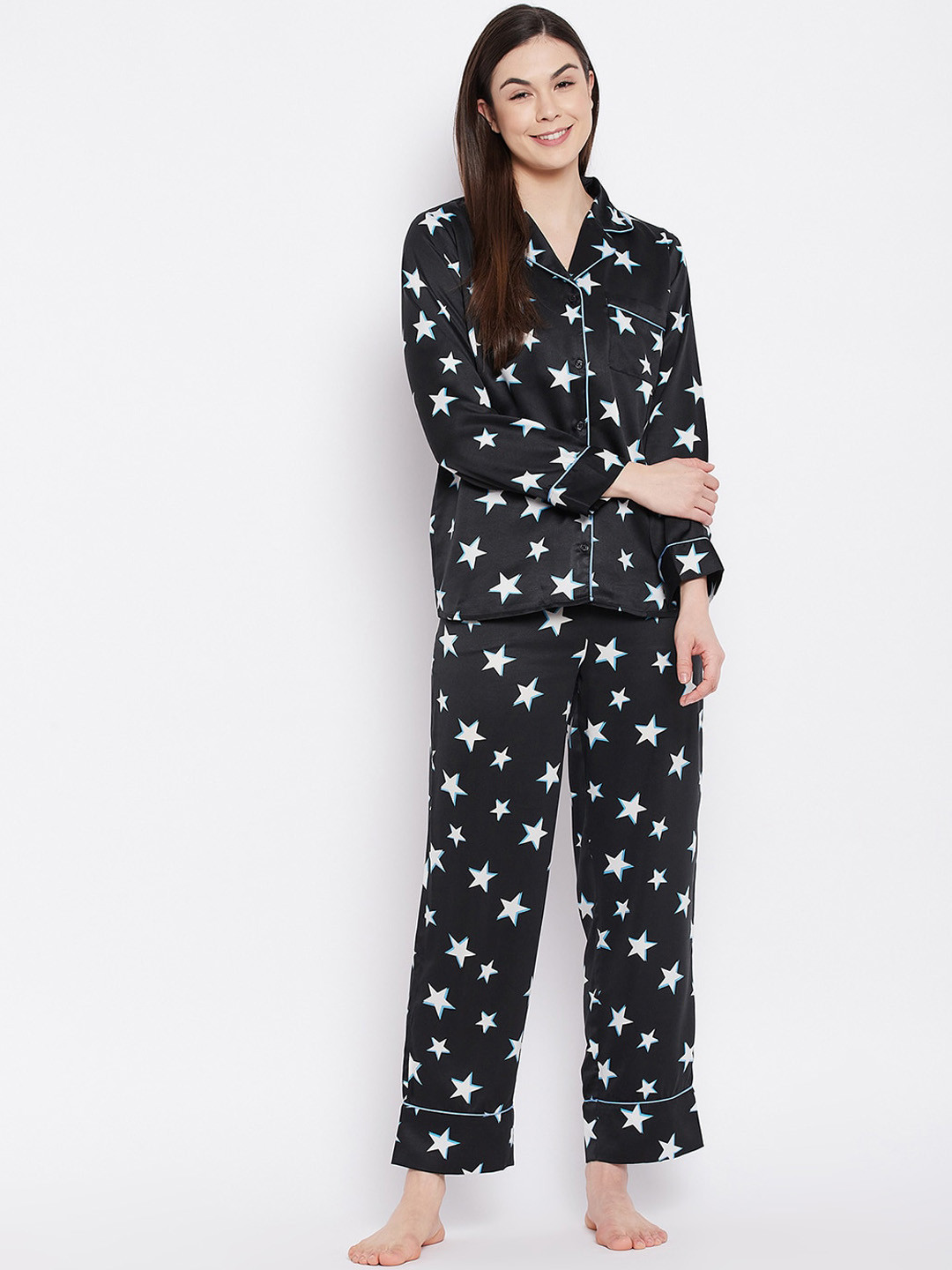 

Clovia Women Black Printed Night suit