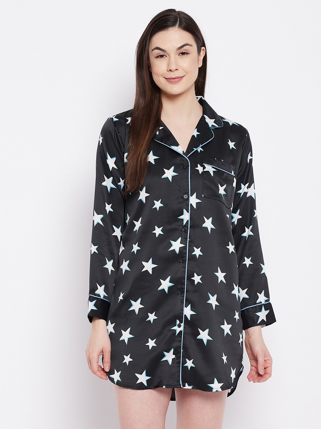 

Clovia Women Black & White Stars Printed Satin Shirt dress