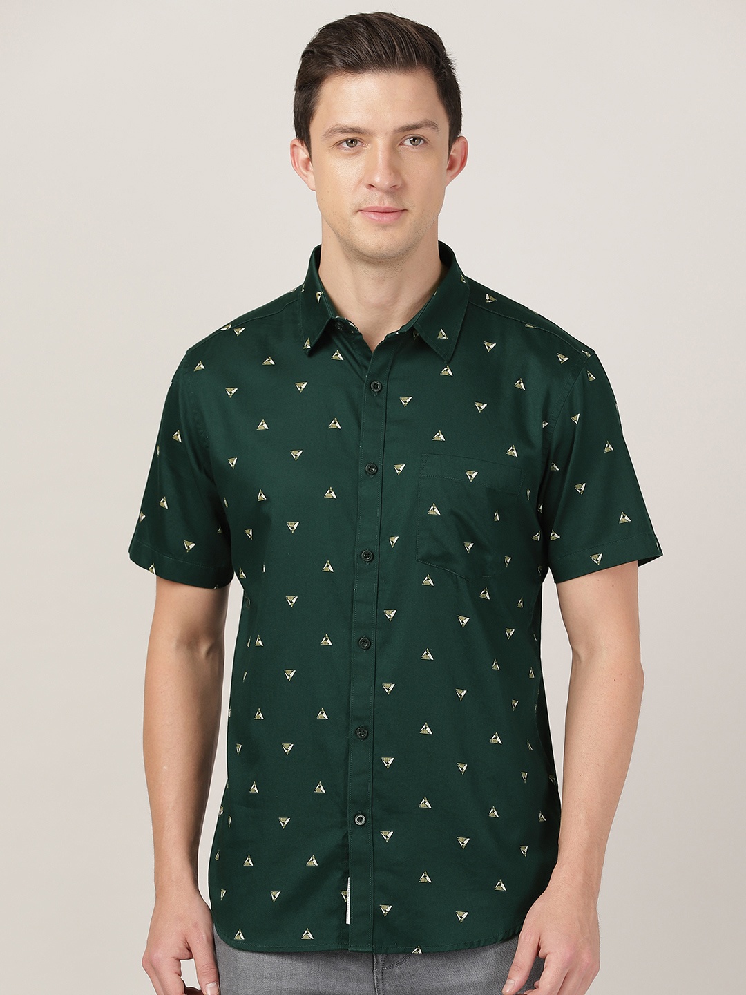 

MERCHANT MARINE Men Dark Green Micro Ditsy Printed Slim Fit Casual Cotton Shirt