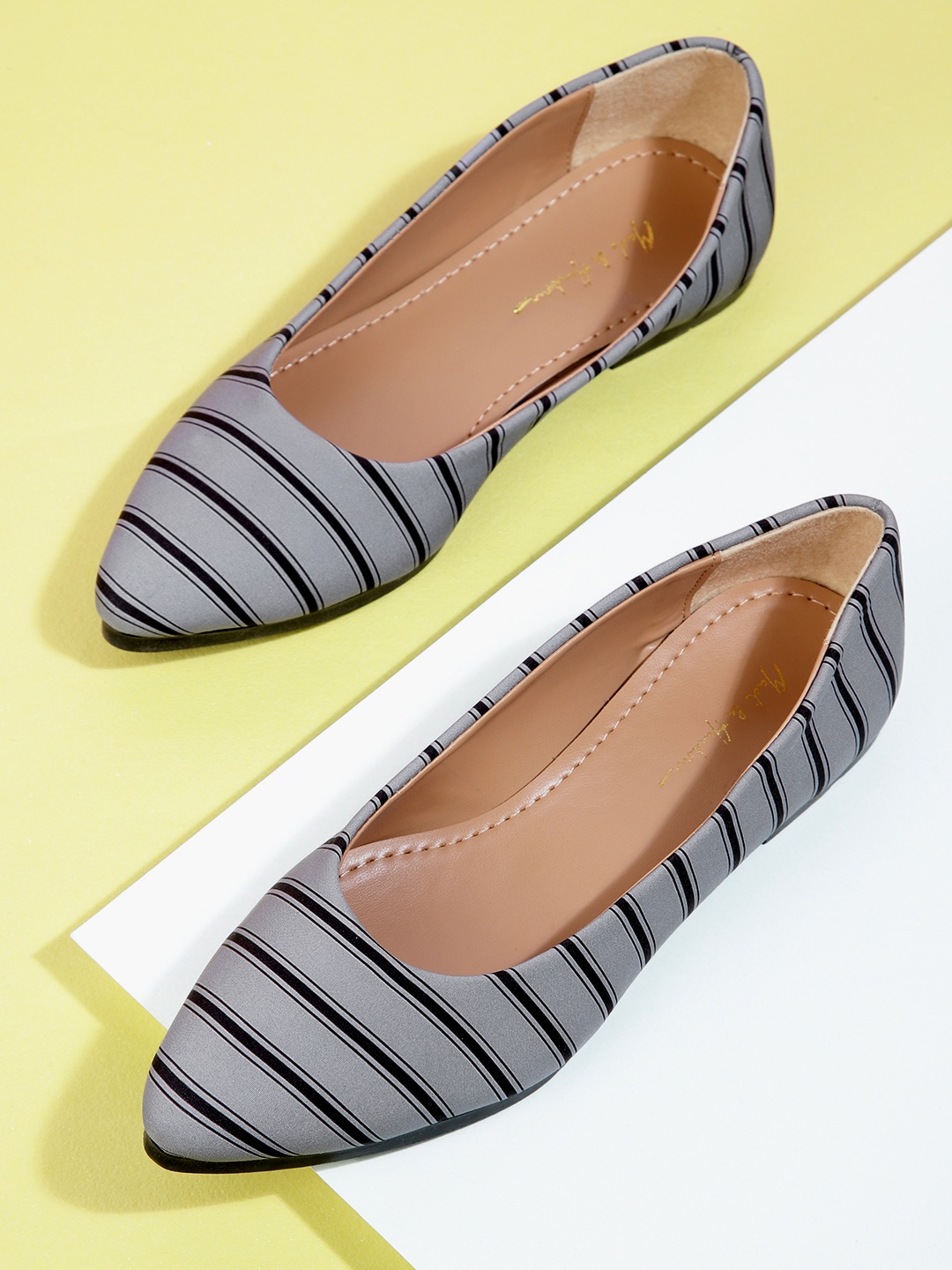 

Mast & Harbour Women Grey Striped Pointed Toe Ballerinas