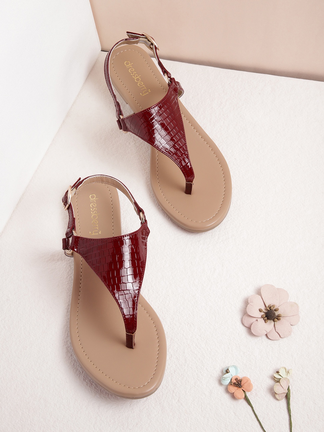 

DressBerry Women Maroon Croc Textured T-Strap Flats