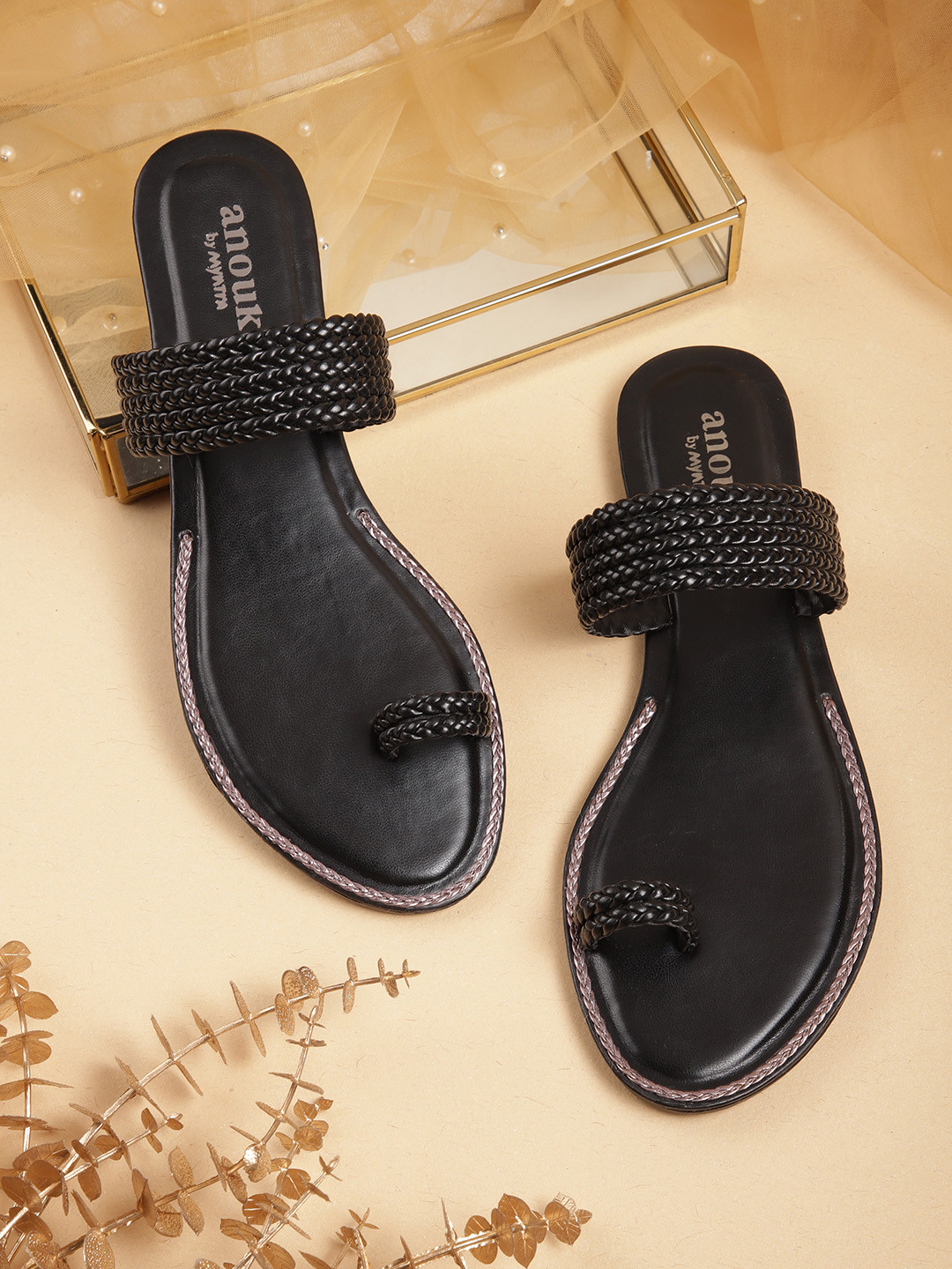 

Anouk Women Woven Design One Toe Flats, Black