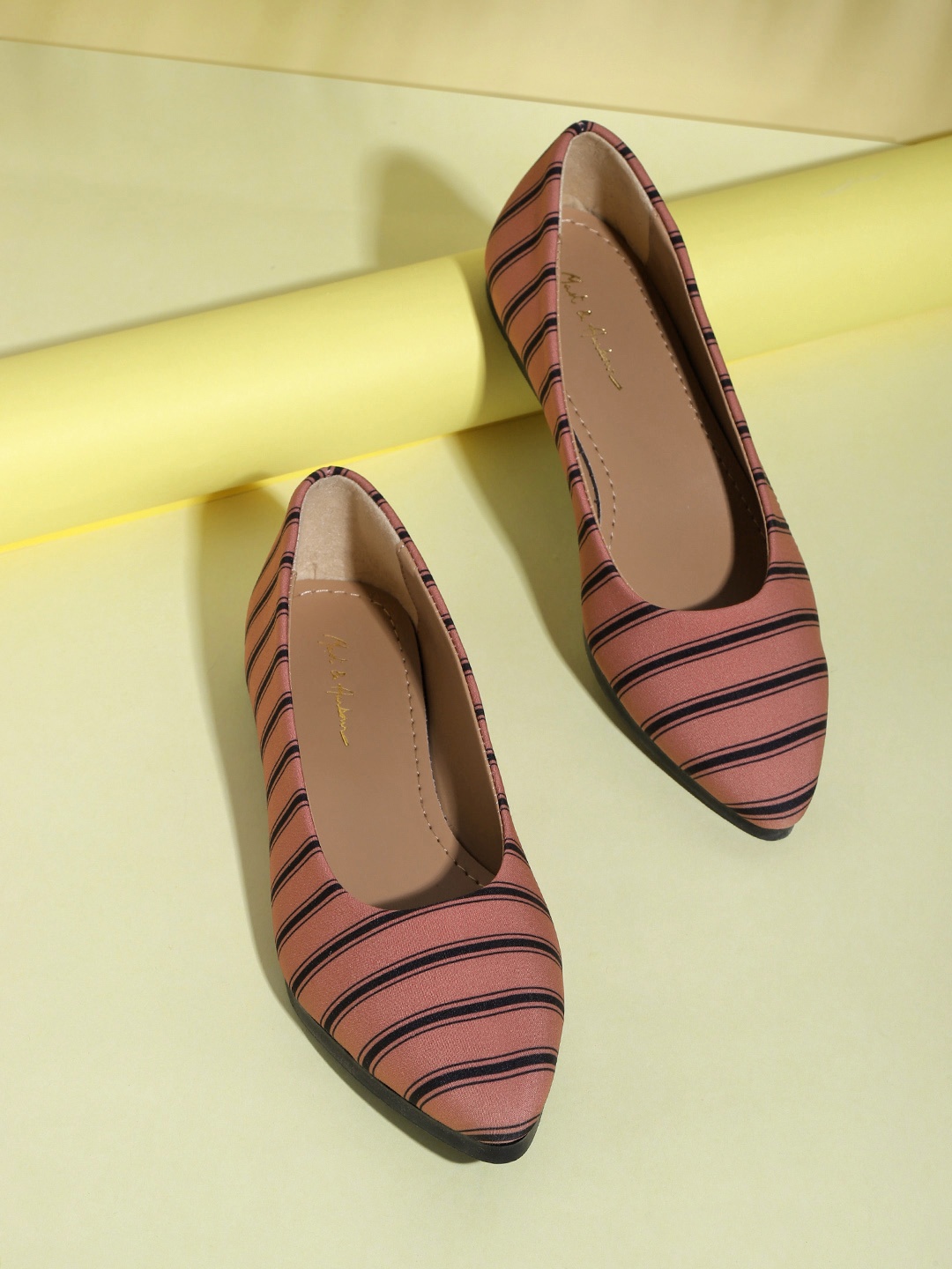 

Mast & Harbour Women Dusty Pink & Black Striped Pointed Toe Ballerinas, Rose
