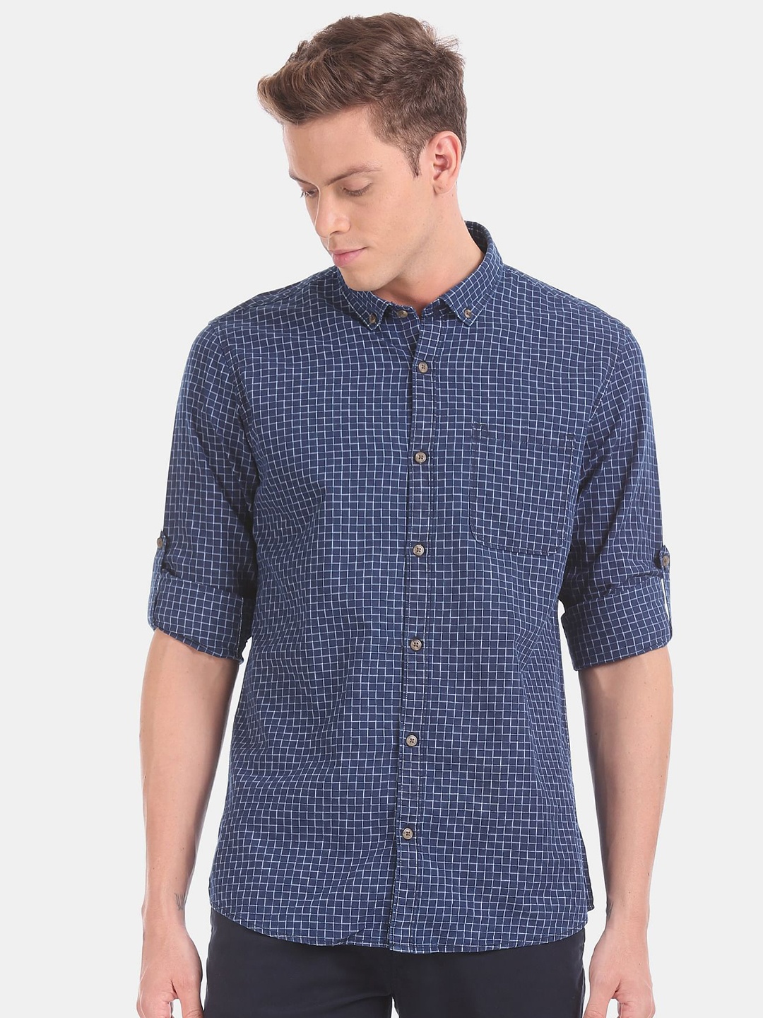 

Ruggers Men Blue & White Checked Pure Cotton Casual Shirt