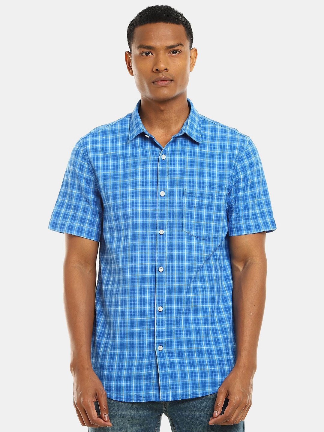 

Ruggers Men Blue Checked Pure Cotton Casual Shirt