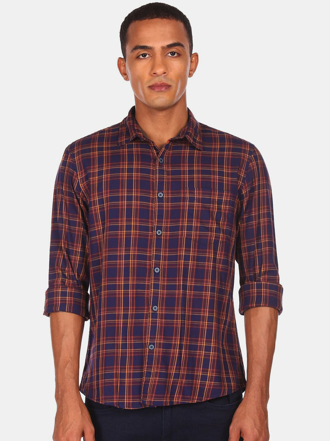 

Ruggers Men Navy Blue & Maroon Tartan Checked Cotton Casual Shirt