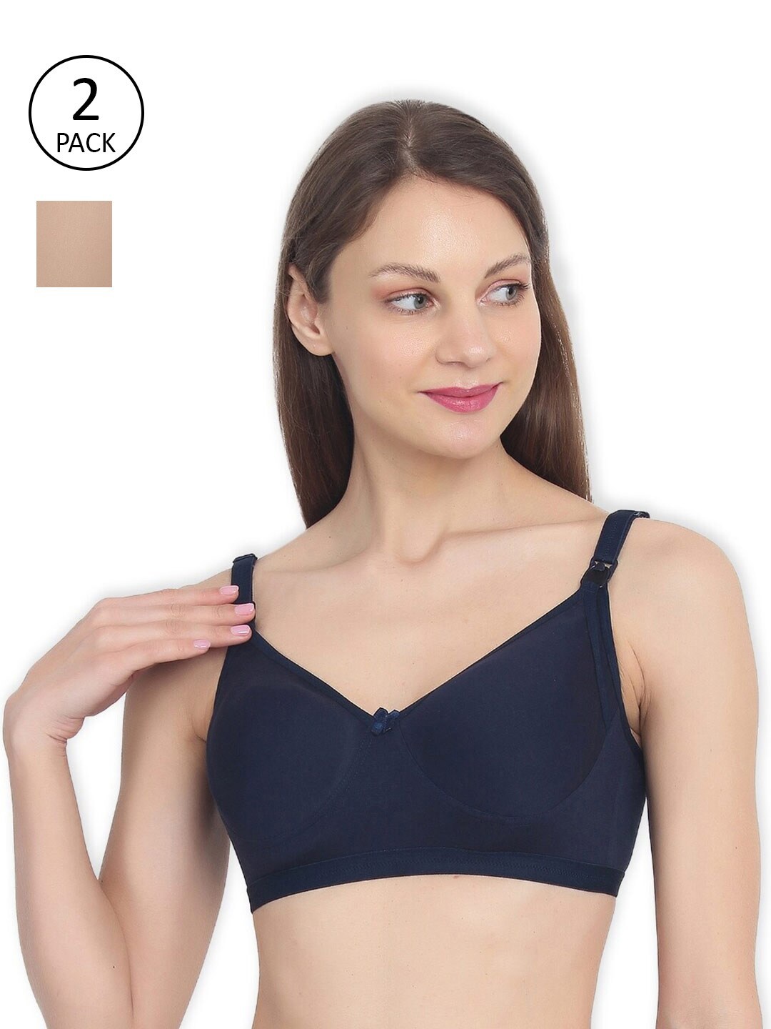 

MYLO ESSENTIALS Pack of 2 Navy Blue & Beige Non Wired Rapid Dry Maternity Bra