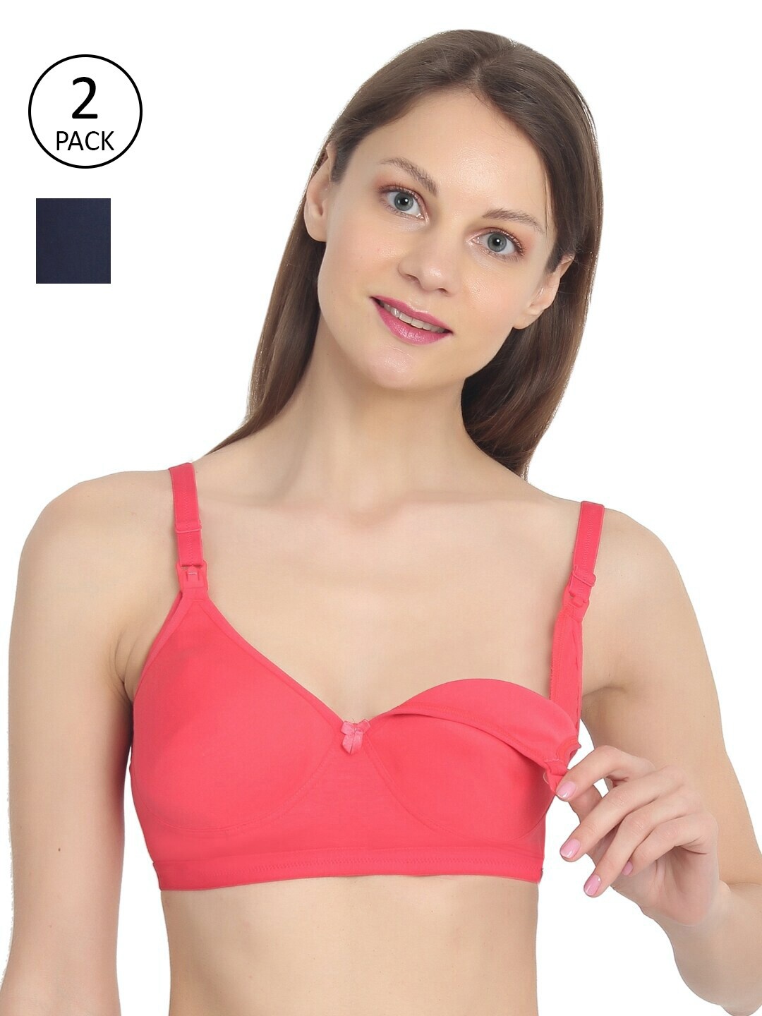 

MYLO ESSENTIALS Set Of 2 Navy Blue & Pink Non Padded & Non Wired Maternity Bra