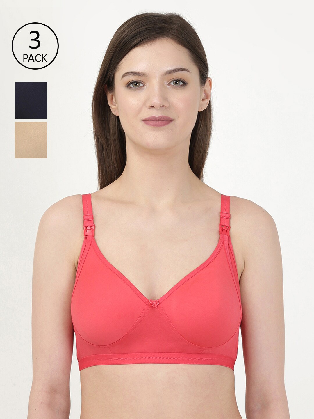 

MYLO ESSENTIALS Coral & Navy Blue Pack Of 3 Maternity Bra