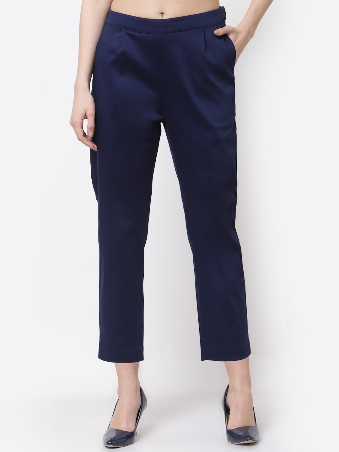 

BLANC9 Women Blue Relaxed Straight Leg Straight Fit Pleated Cropped Trousers