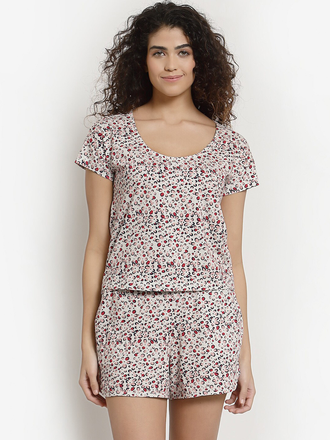 

YOONOY Women Pink Printed Pure Cotton Night suit