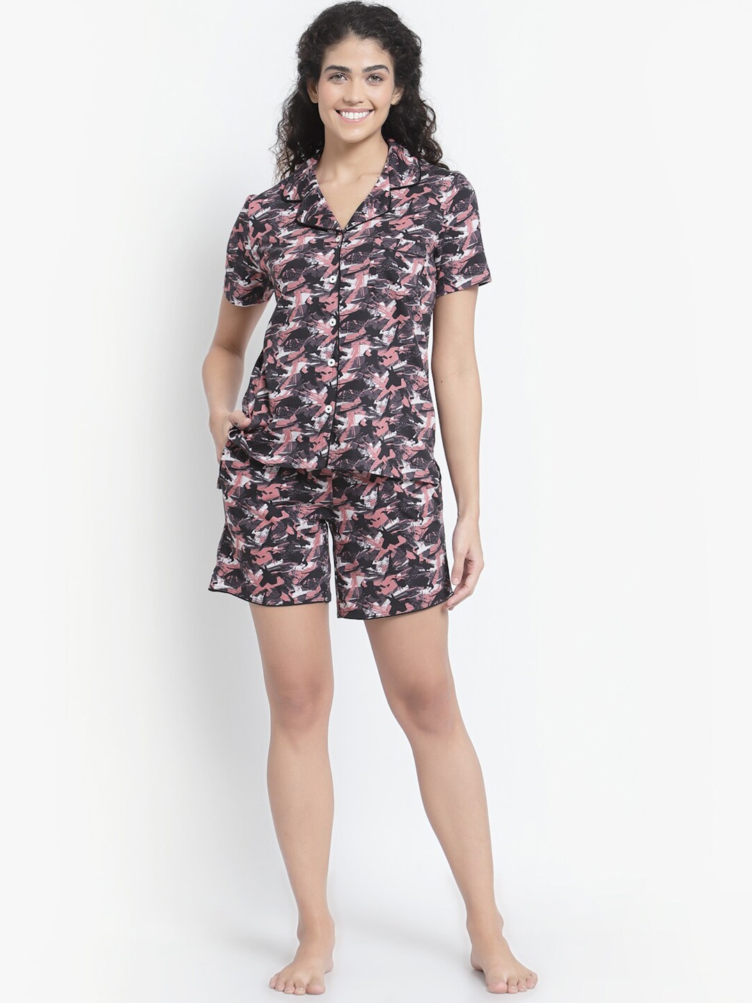 

YOONOY Women Black Abstract Printed Pure Cotton Night Suit