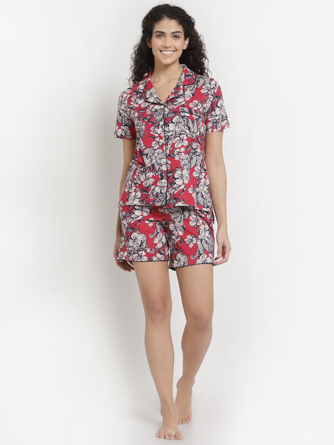

YOONOY Women Pink & Grey Printed Pure Cotton Night suit