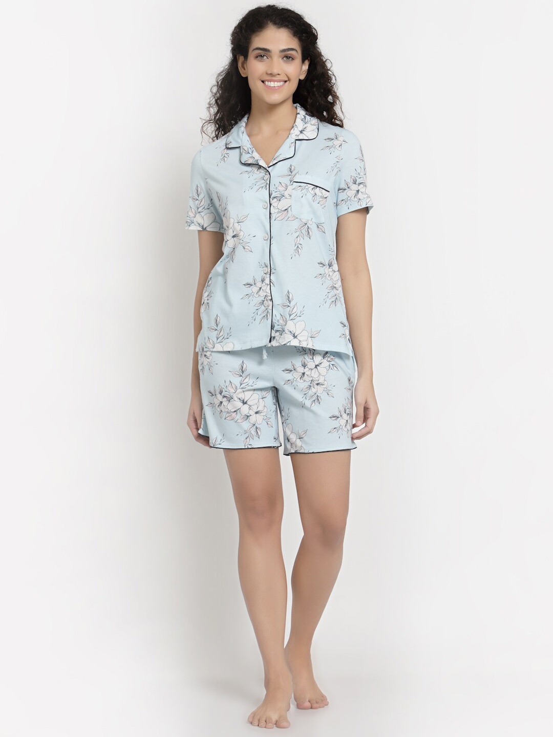

YOONOY Women Blue Printed Pure Cotton Night suit