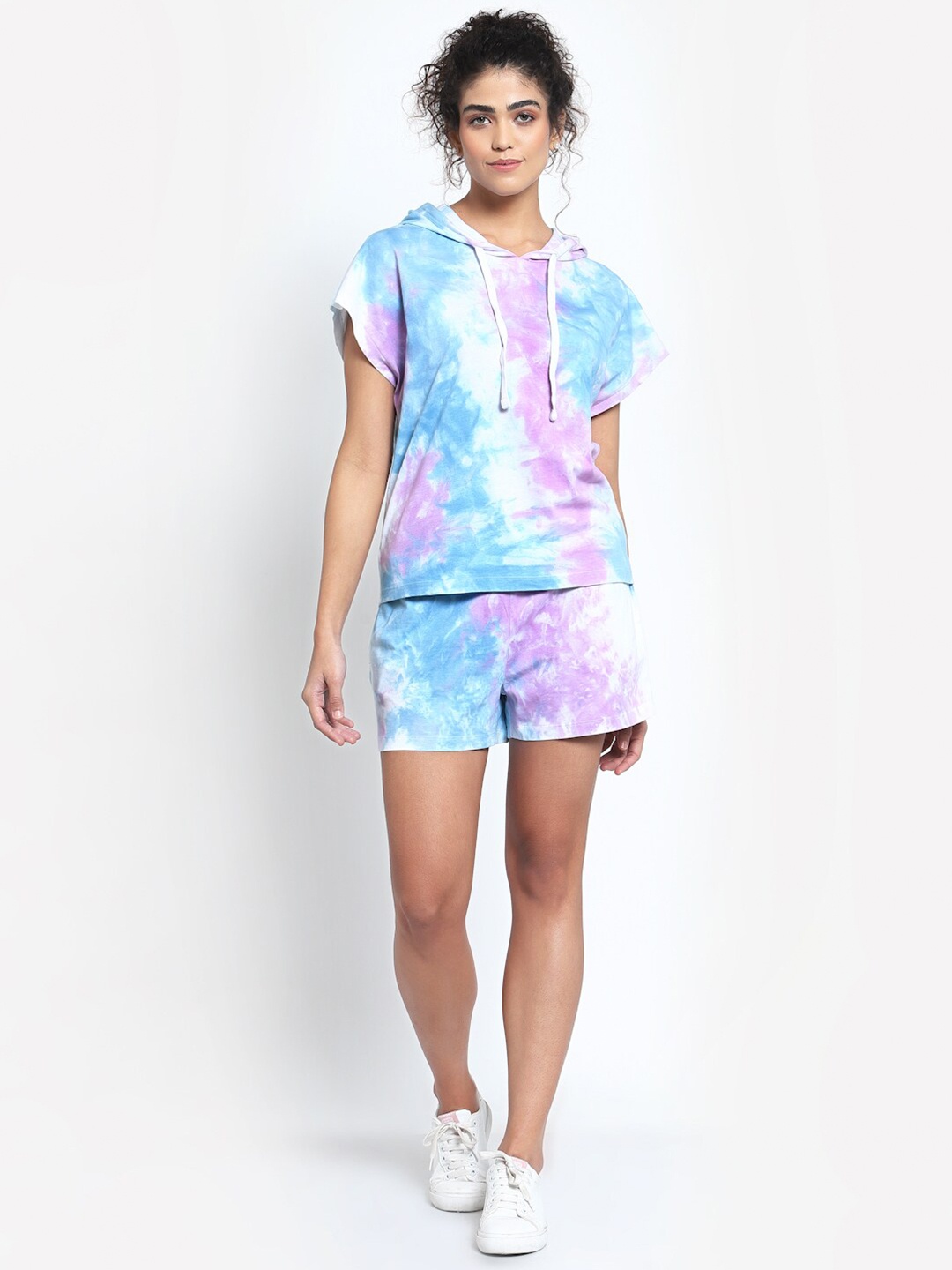 

YOONOY Women White & Purple Tie & Dye Pure Cotton Co-Ords