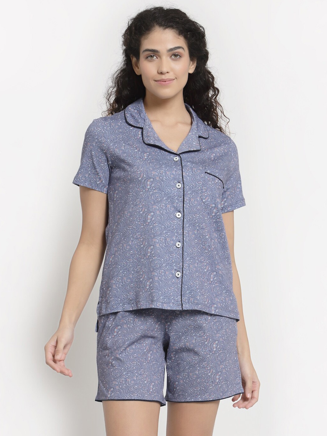 

YOONOY Women Blue Printed Cotton Night suit