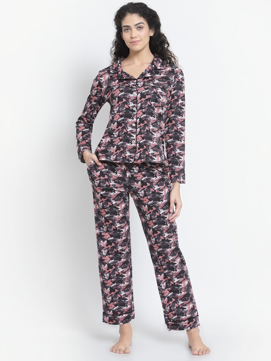 

YOONOY Women Black & Pink Printed Cotton Night suit
