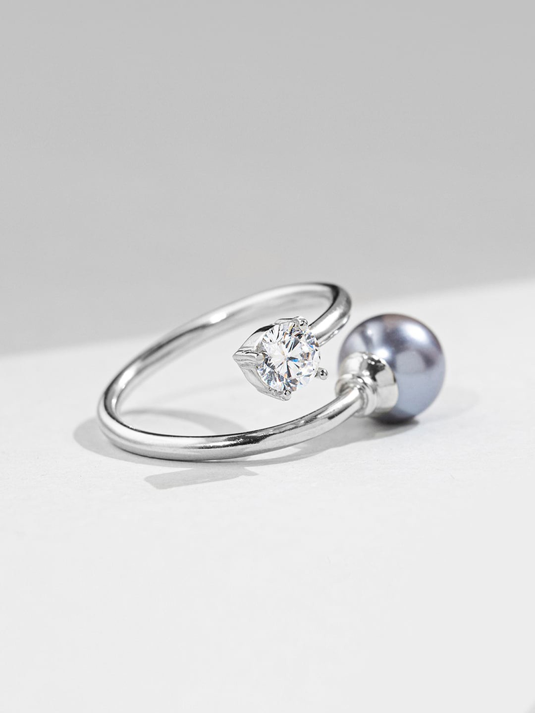 

March by FableStreet 925 Sterling Silver Rhodium-Plated Zircon Grey Pearl Adjustable Ring