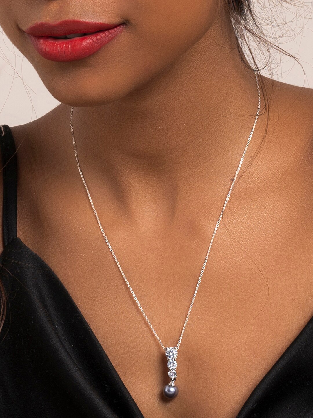 

March by FableStreet 925 Sterling Silver Rhodium-Plated Zircon and Pearl Necklace