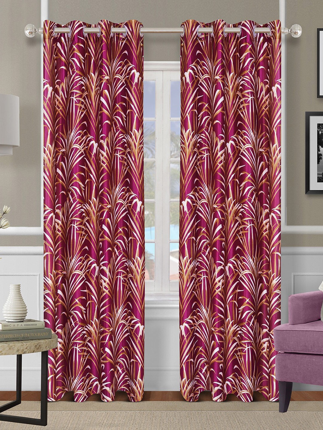 

ROMEE Set of 2 Maroon Floral Printed Room Darkening Door Curtain