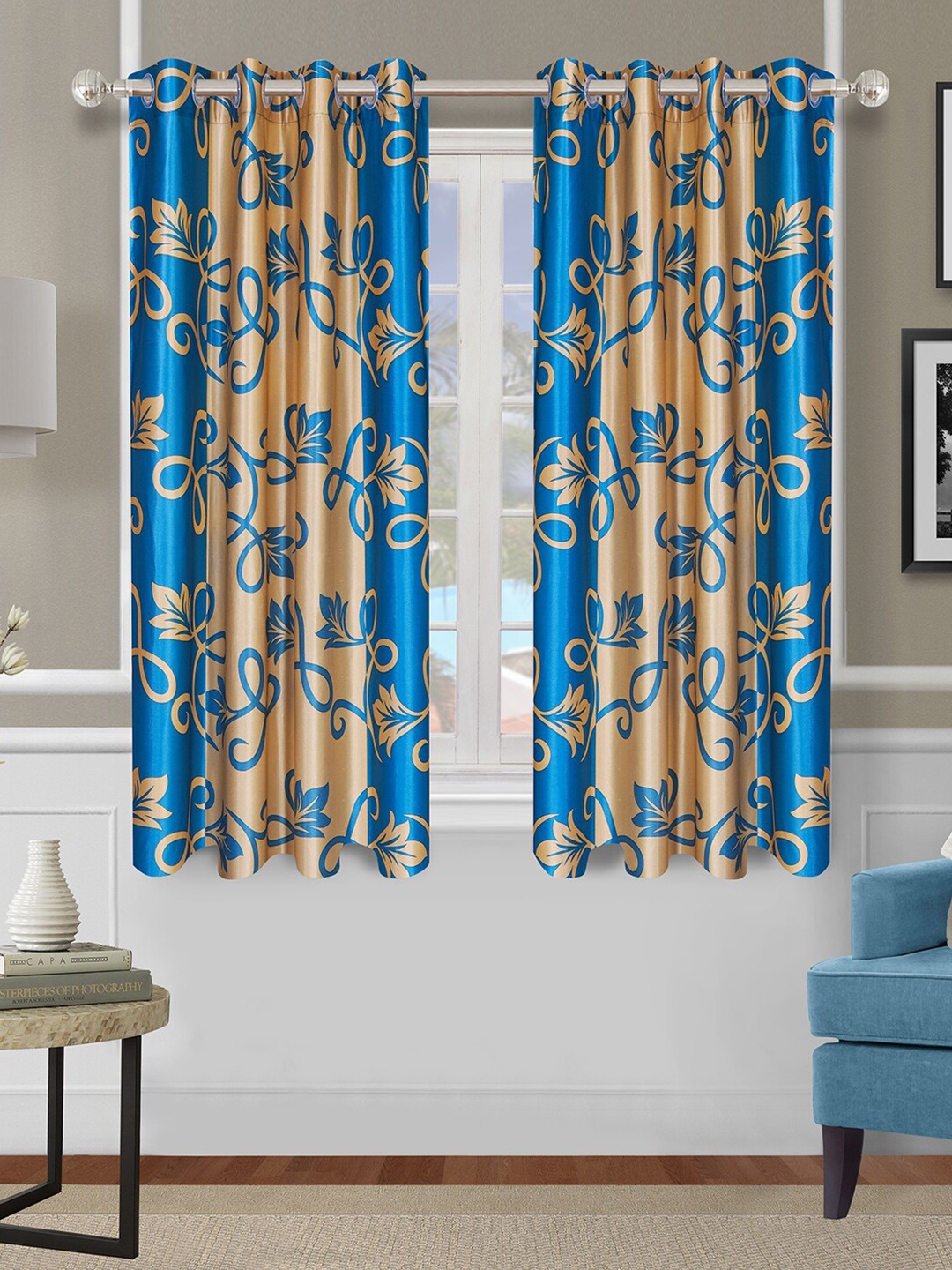

ROMEE Set Of 2 Blue & Gold Floral Printed Room Darkening Window Curtains