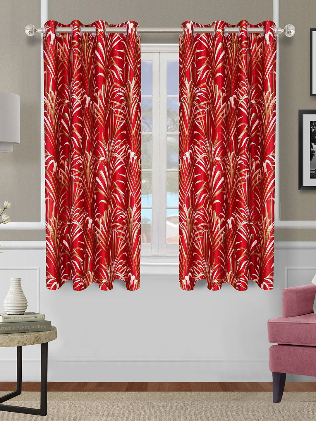 

ROMEE Red Set of 2 Floral Room Darkening Window Curtain