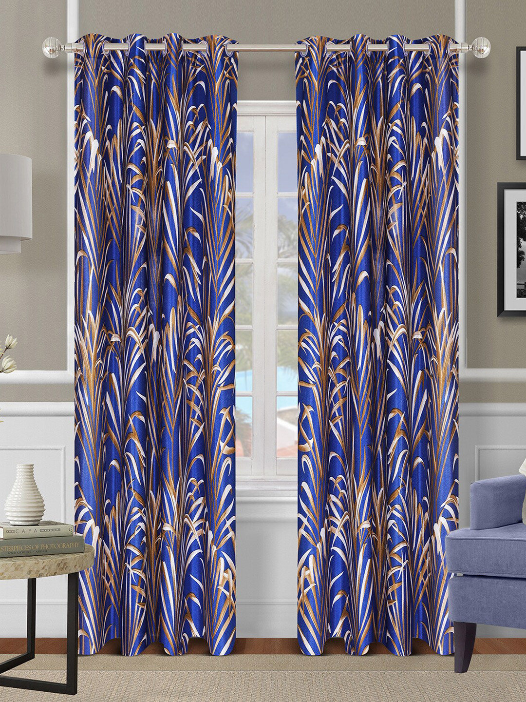 

ROMEE Pack Of 2 Blue & Beige Printed Long Door Curtains
