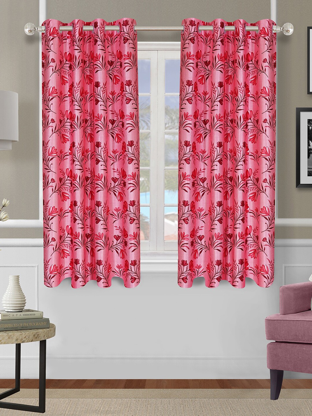 

ROMEE Pink Set of 2 Floral Room Darkening Window Curtain