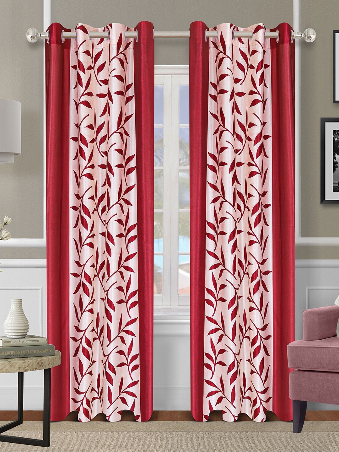 

ROMEE Maroon & Cream-Coloured Set of 2 Floral Room Darkening Door Curtain