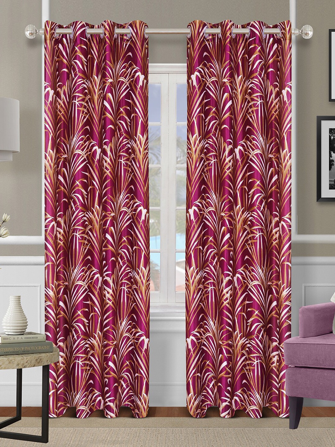 

ROMEE Set Of 2 Maroon Floral Printed Room Darkening Long Door Curtains