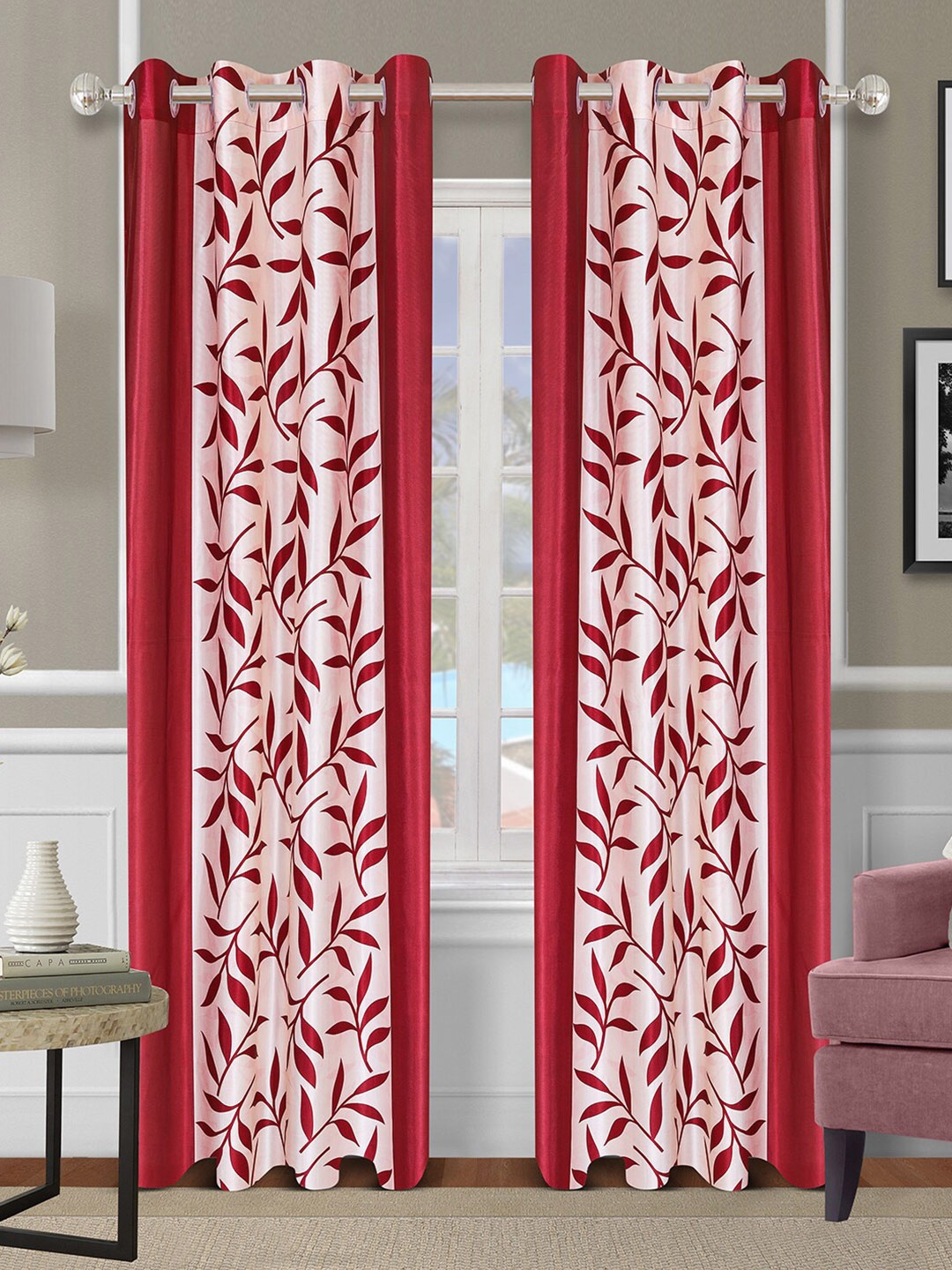 

ROMEE Set Of 2 Maroon Floral Printed Room Darkening Long Door Curtains