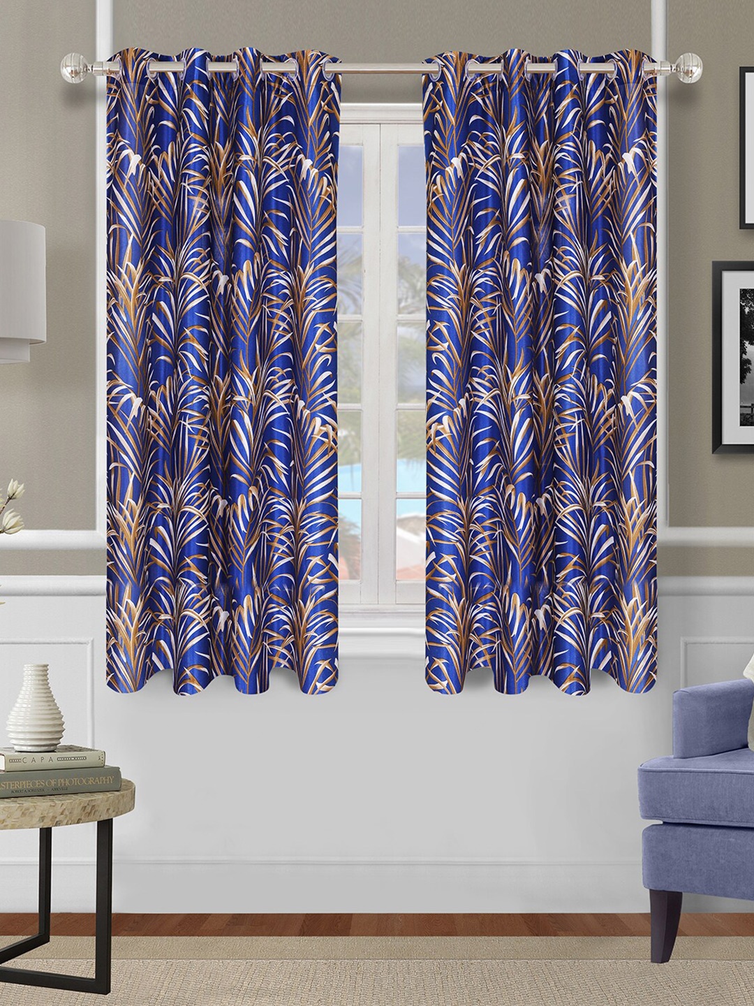 

ROMEE Blue Set of 2 Floral Room Darkening Window Curtain