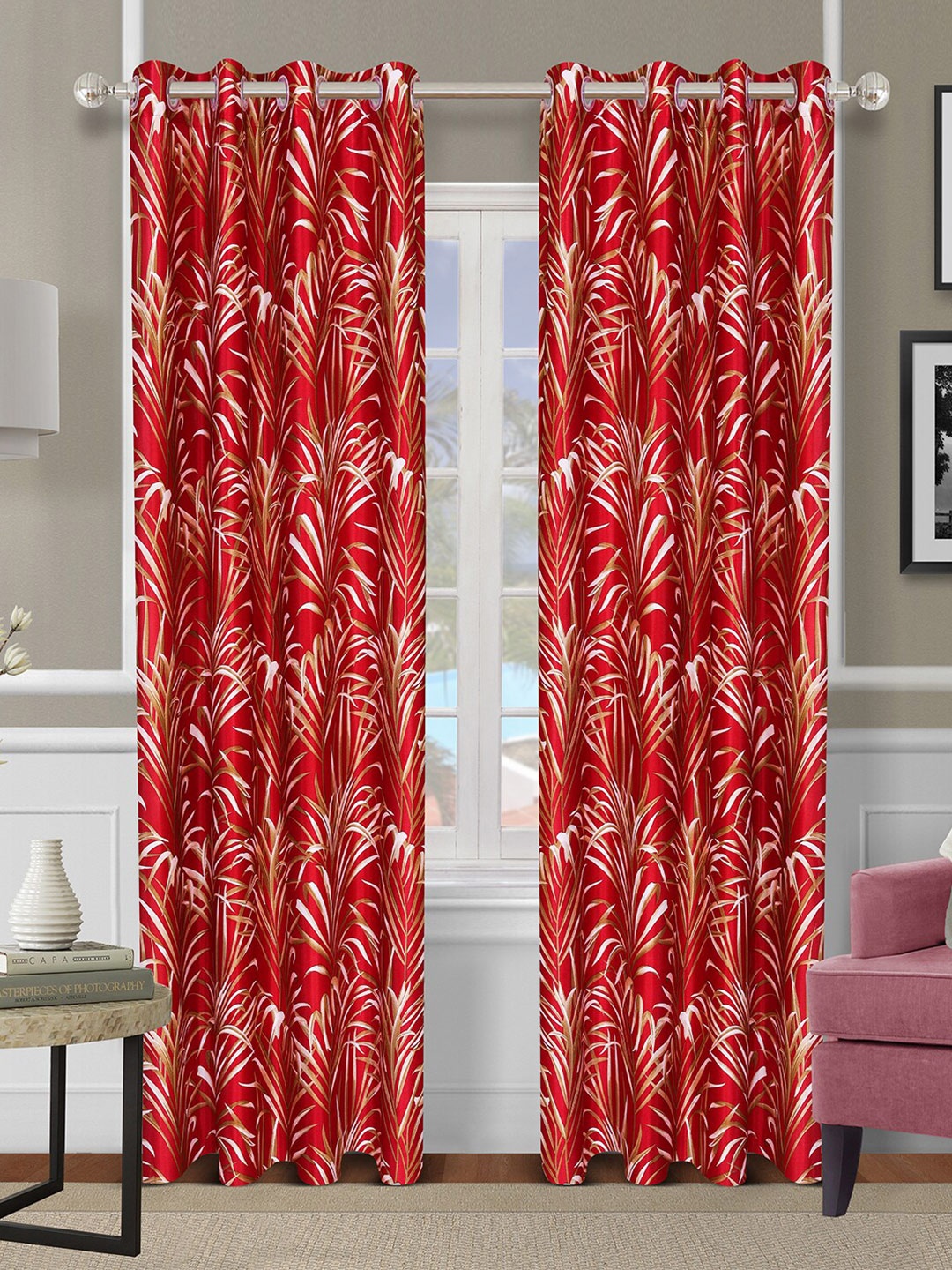 

ROMEE Set Of 2 Red Floral Printed Room Darkening Long Door Curtains